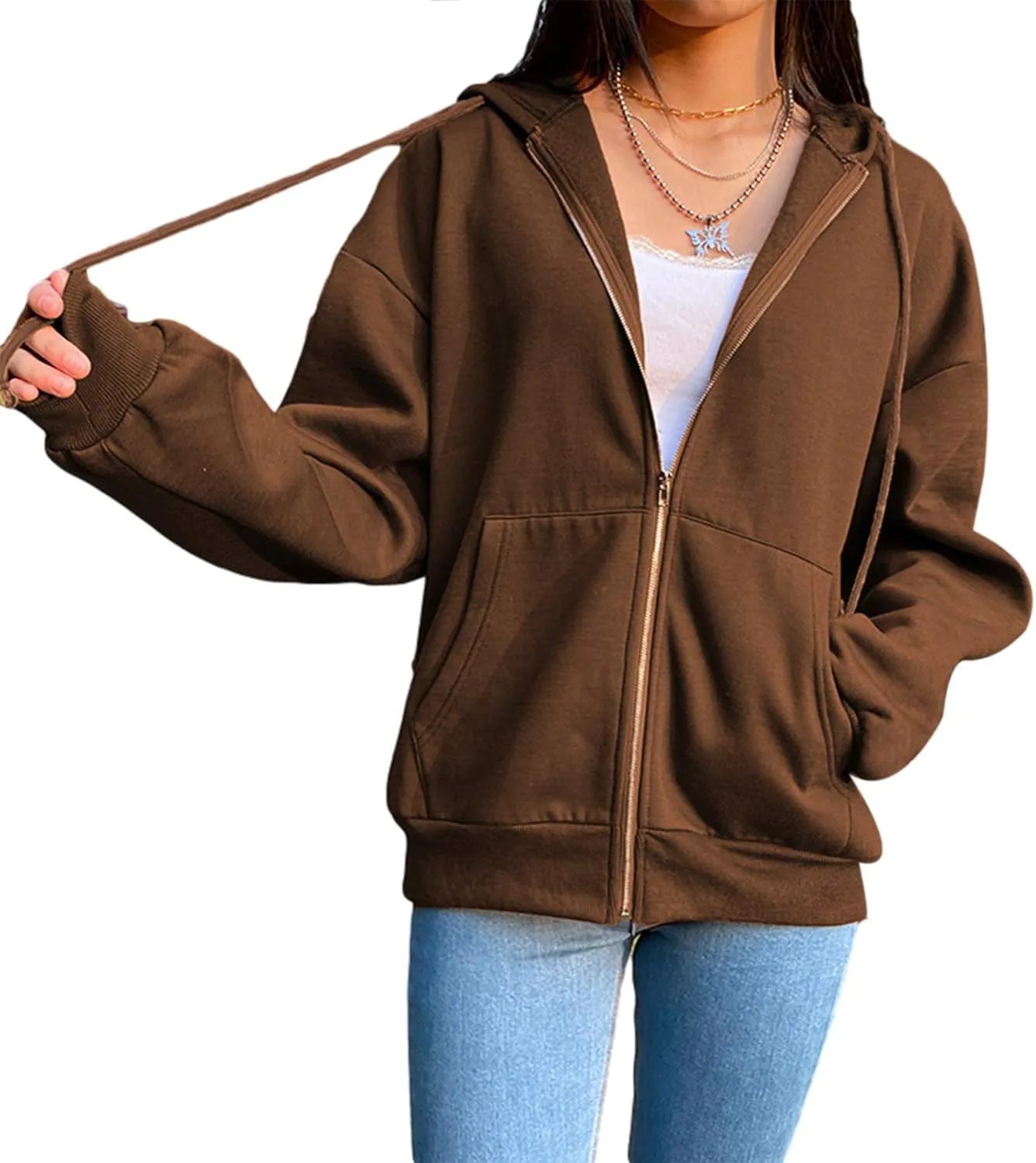 ICNGLKSND Women Zip Up Hoodie Sweatshirt Solid Color Oversized Casual Coat Fall Goth Jacket Streetwear