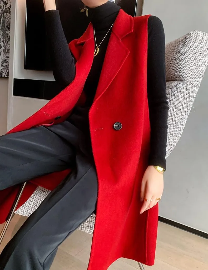 IDEALSANXUN Womens Long Wool Vest Fall Winter Sleeveless Blazer Jackets Wool Coat