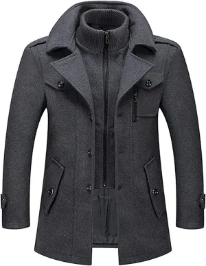 Jacket Men's Gentle Collar Single Breasted Quilted Lined Wool Blend Pea Coats Winter Coat Woolen Trench Coat Casual Business Jacket M-4XL(Gray,Large)
