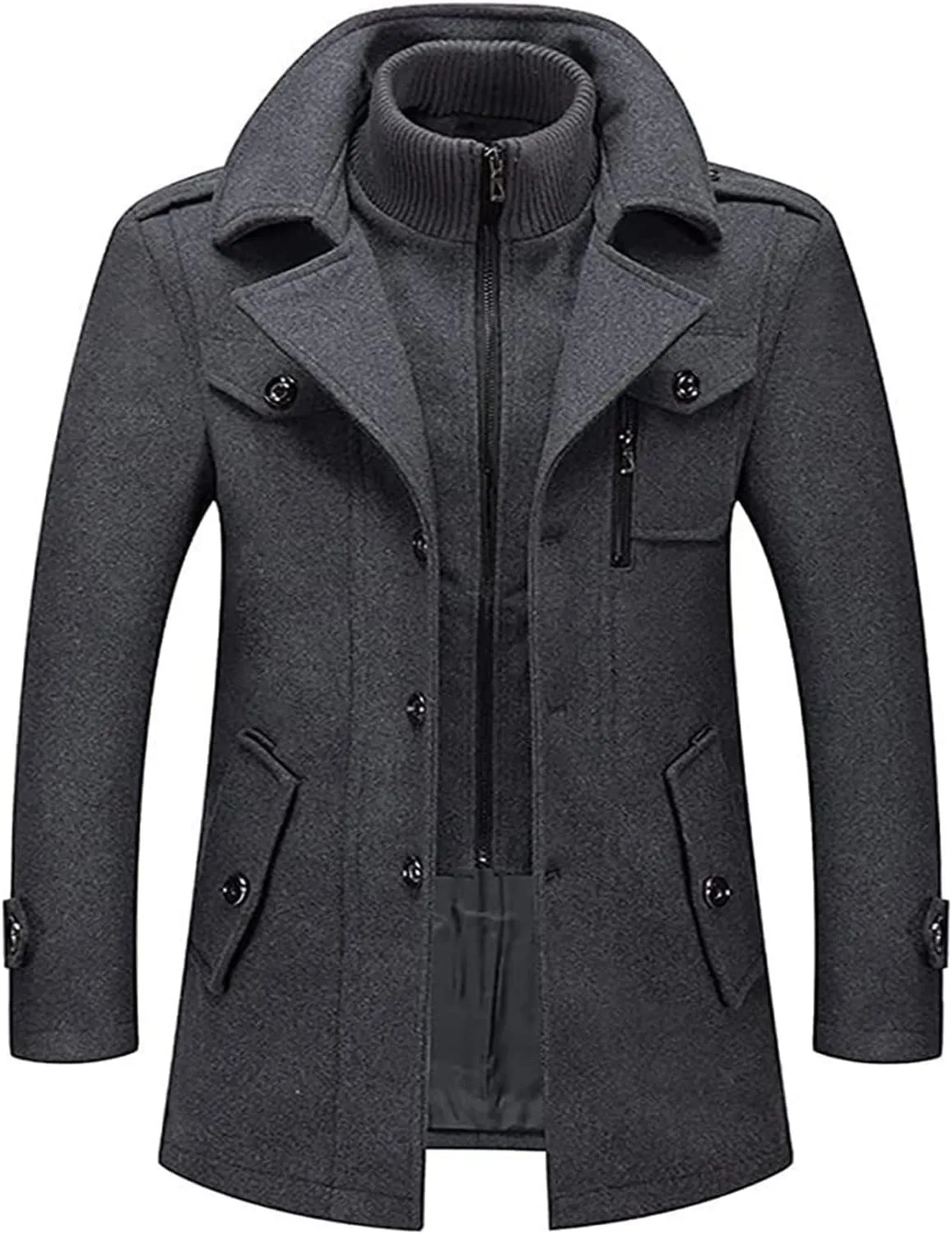 Jacket Men's Gentle Collar Single Breasted Quilted Lined Wool Blend Pea Coats Winter Coat Woolen Trench Coat Casual Business Jacket M-4XL(Gray,Large)