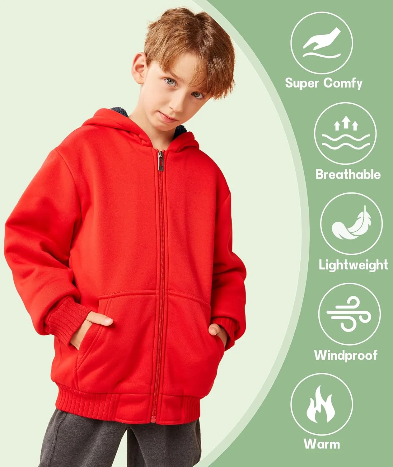 JACKETOWN Hoodie for Boys Fleece Jacket Zip Up Sherpa Lined Hooded Sweatshirts with Two Pockets 6-15 Years Old