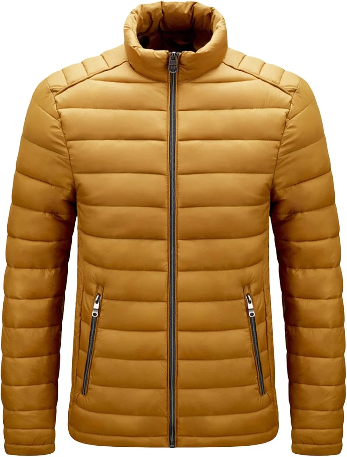 JEShifangjiusu Men Winter Cotton Padded Jacket Casual Stand Collar Hoodless Zipper Pocket Coat Thicken Long Sleeve Coats, Yellow, 5X-Large