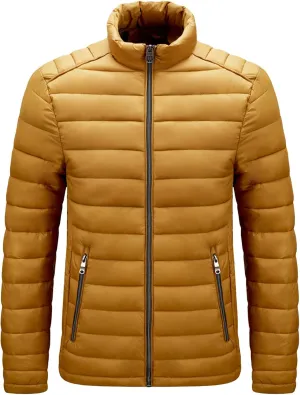 JEShifangjiusu Men Winter Cotton Padded Jacket Casual Stand Collar Hoodless Zipper Pocket Coat Thicken Long Sleeve Coats, Yellow, 5X-Large