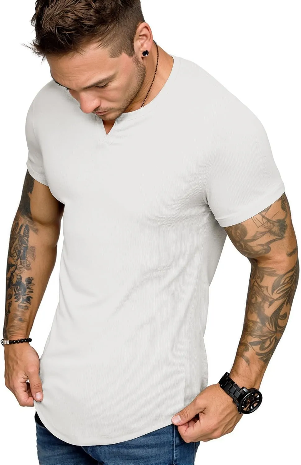 JMIERR Men's Muscle V-Neck T Shirt Short Sleeve Longline Ribbed Henley Shirt Gym Workout Athletic Tee Shirts