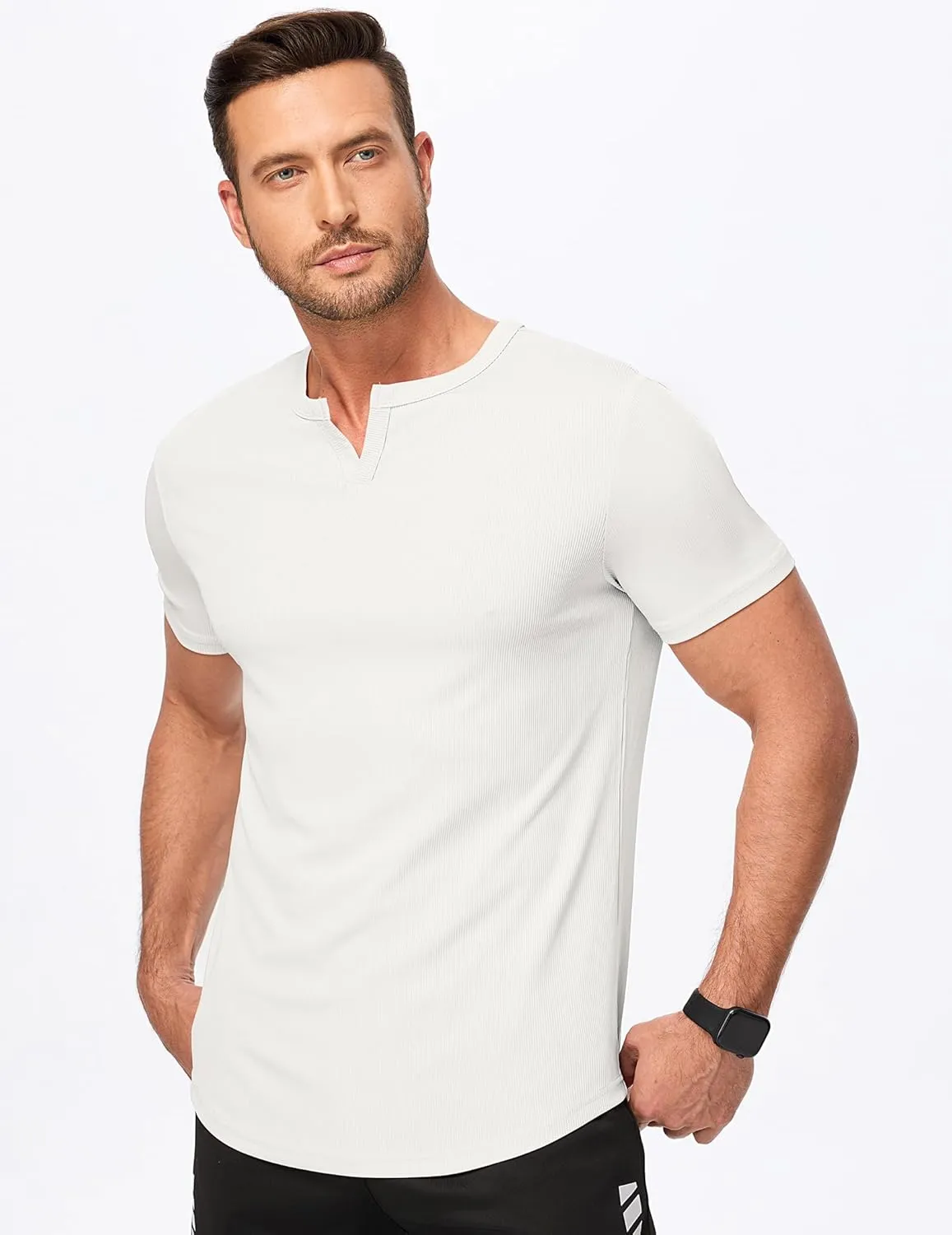 JMIERR Men's Muscle V-Neck T Shirt Short Sleeve Longline Ribbed Henley Shirt Gym Workout Athletic Tee Shirts