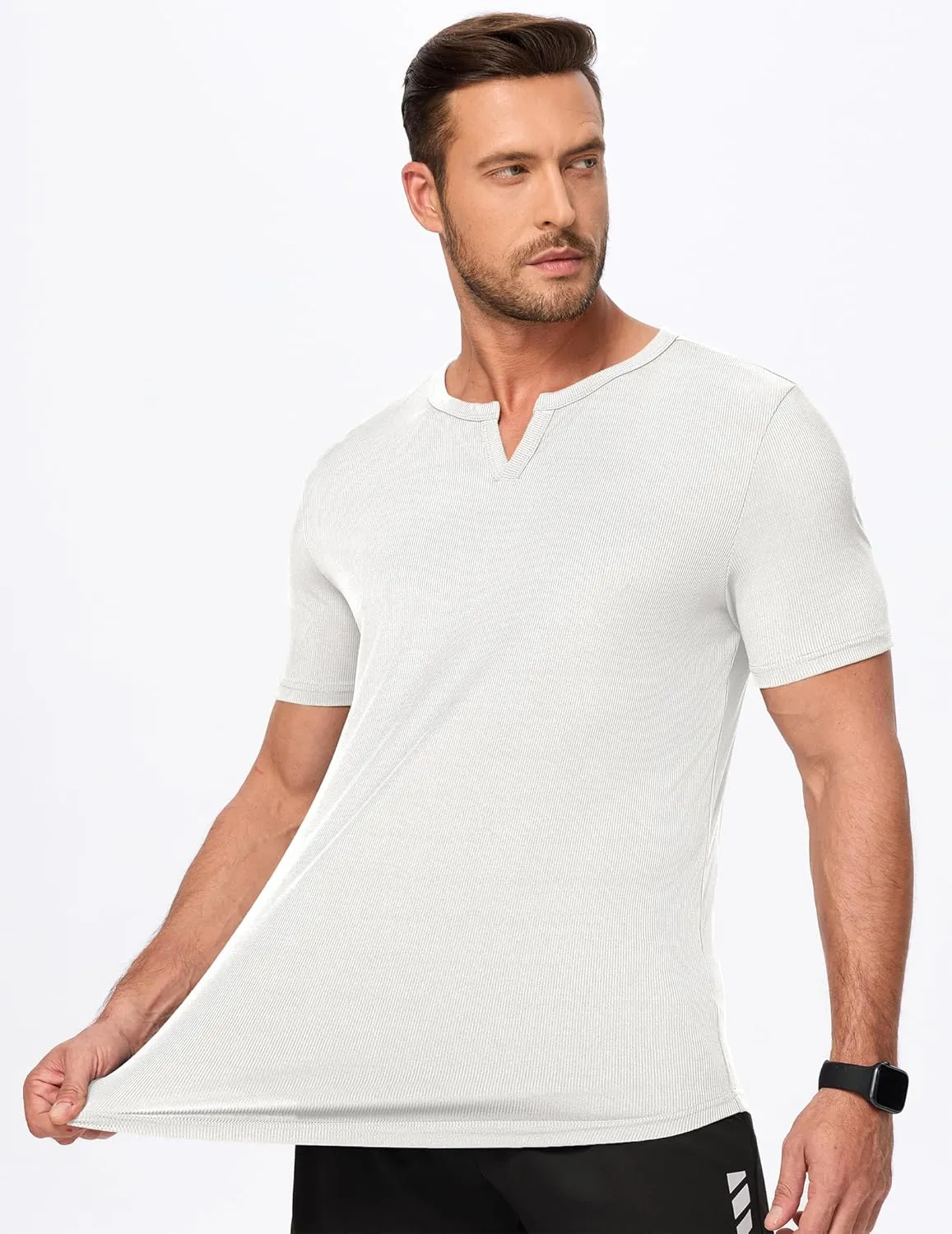 JMIERR Men's Muscle V-Neck T Shirt Short Sleeve Longline Ribbed Henley Shirt Gym Workout Athletic Tee Shirts