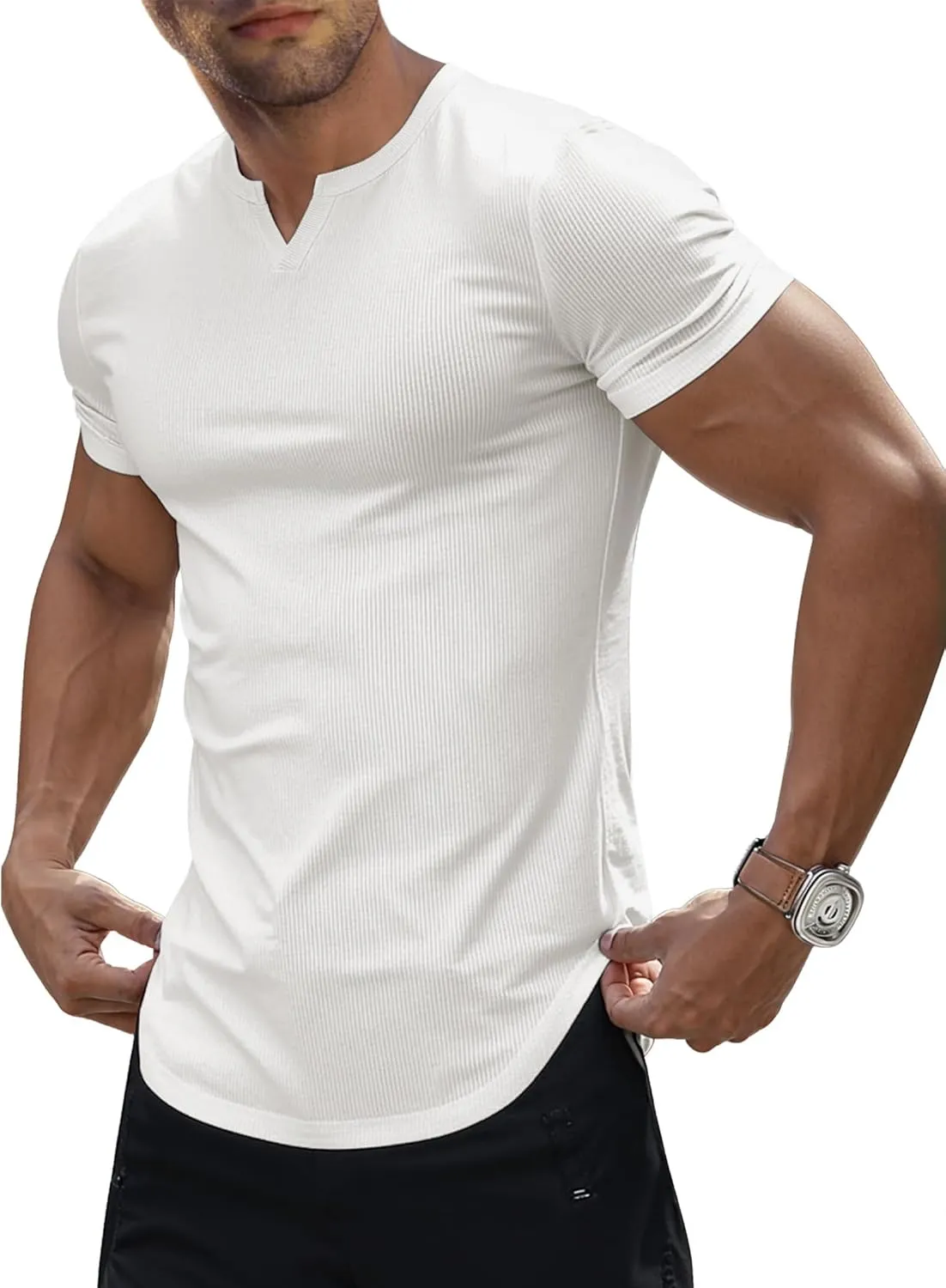 JMIERR Men's Muscle V-Neck T Shirt Short Sleeve Longline Ribbed Henley Shirt Gym Workout Athletic Tee Shirts