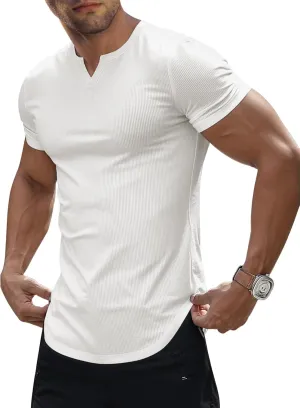 JMIERR Men's Muscle V-Neck T Shirt Short Sleeve Longline Ribbed Henley Shirt Gym Workout Athletic Tee Shirts