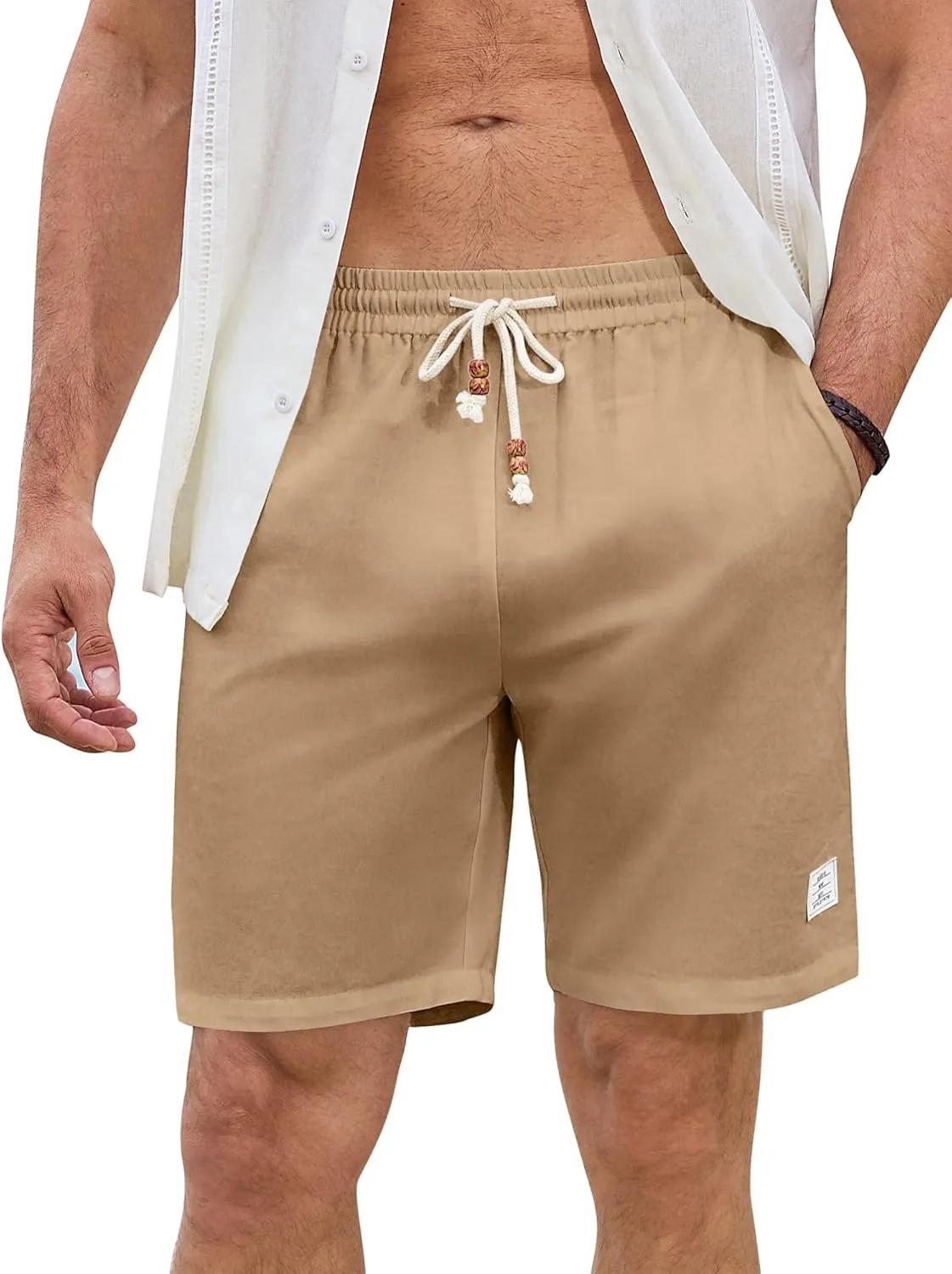 JMIERR Mens Shorts Linen Cotton 7" Casual Elastic Waist Drawstring Lightweight Summer Beach Shorts with Pockets