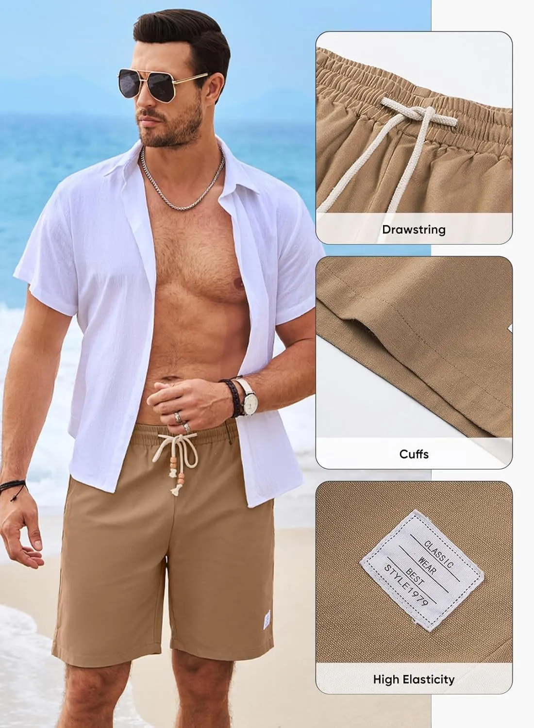 JMIERR Mens Shorts Linen Cotton 7" Casual Elastic Waist Drawstring Lightweight Summer Beach Shorts with Pockets