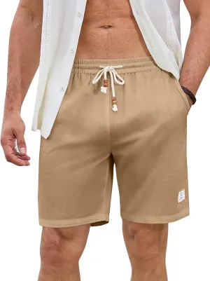 JMIERR Mens Shorts Linen Cotton 7" Casual Elastic Waist Drawstring Lightweight Summer Beach Shorts with Pockets