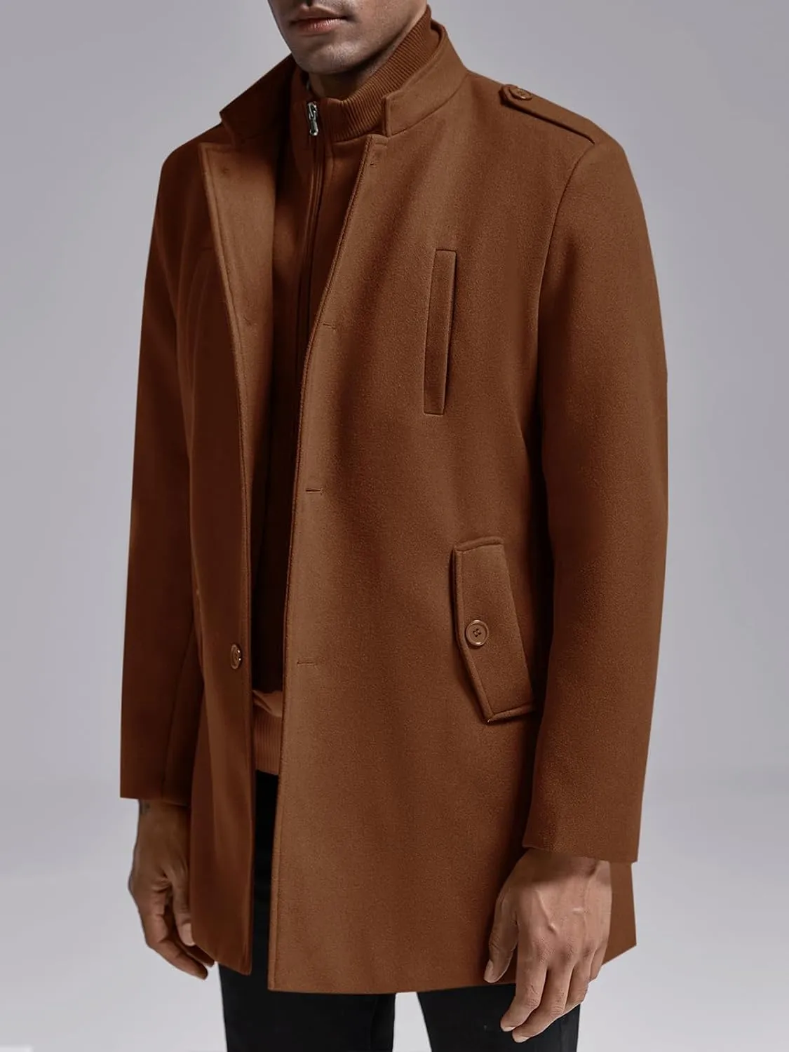 Karlywindow Mens Trench Coat Long Sleeve Stand Collar Single Breasted Pea Coat Casual Mid Long Slim Fit Overcoat with Pockets