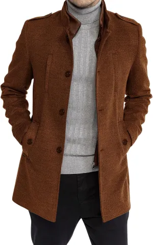 Karlywindow Mens Trench Coat Long Sleeve Stand Collar Single Breasted Pea Coat Casual Mid Long Slim Fit Overcoat with Pockets