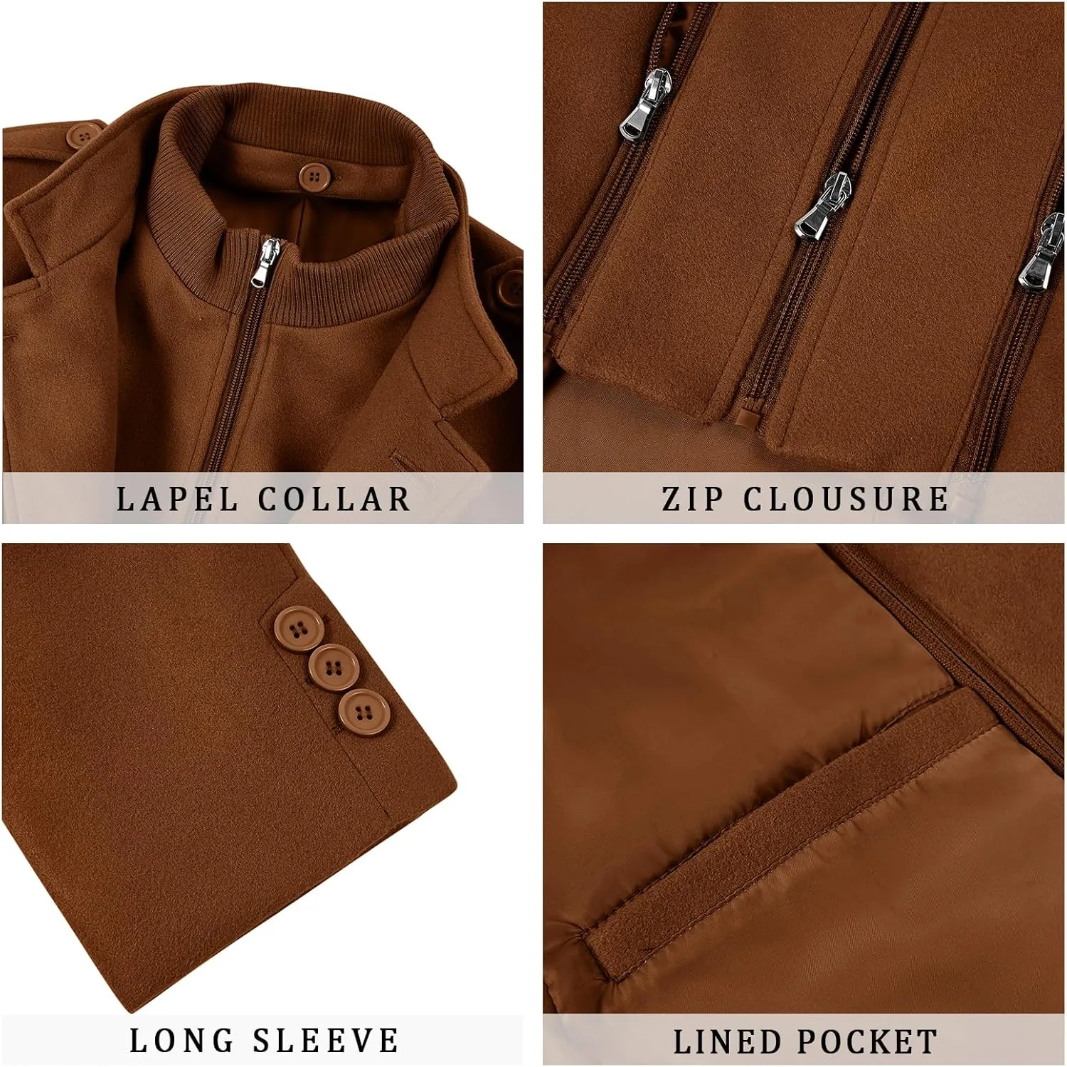 Karlywindow Mens Trench Coat Long Sleeve Stand Collar Single Breasted Pea Coat Casual Mid Long Slim Fit Overcoat with Pockets