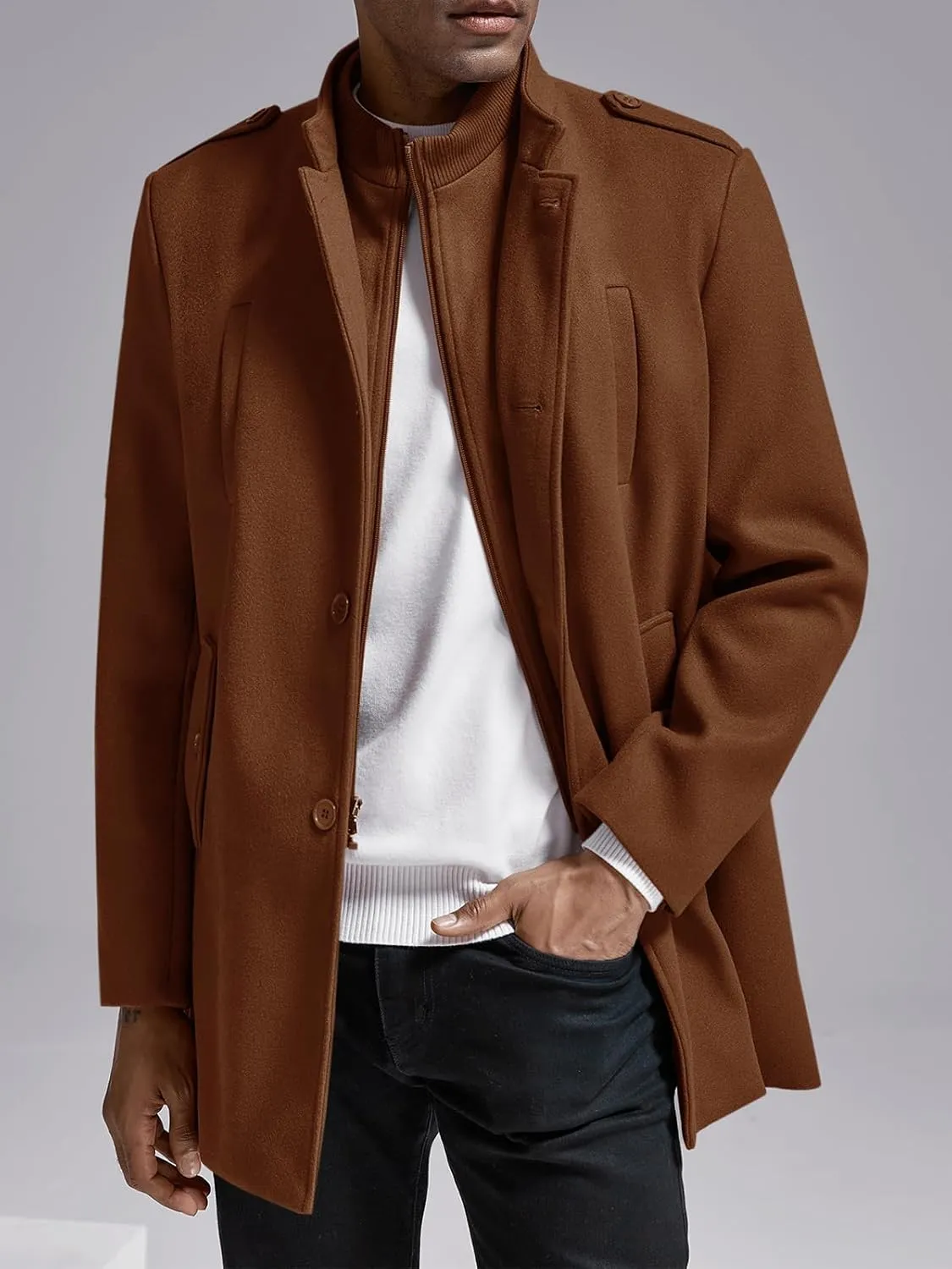 Karlywindow Mens Trench Coat Long Sleeve Stand Collar Single Breasted Pea Coat Casual Mid Long Slim Fit Overcoat with Pockets