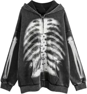 Karwuiio Women Men Zip Up Hoodie Y2k Vintage Graphic Oversized Sweatshirt Jacket Pullover Coats Gothic Streetwear