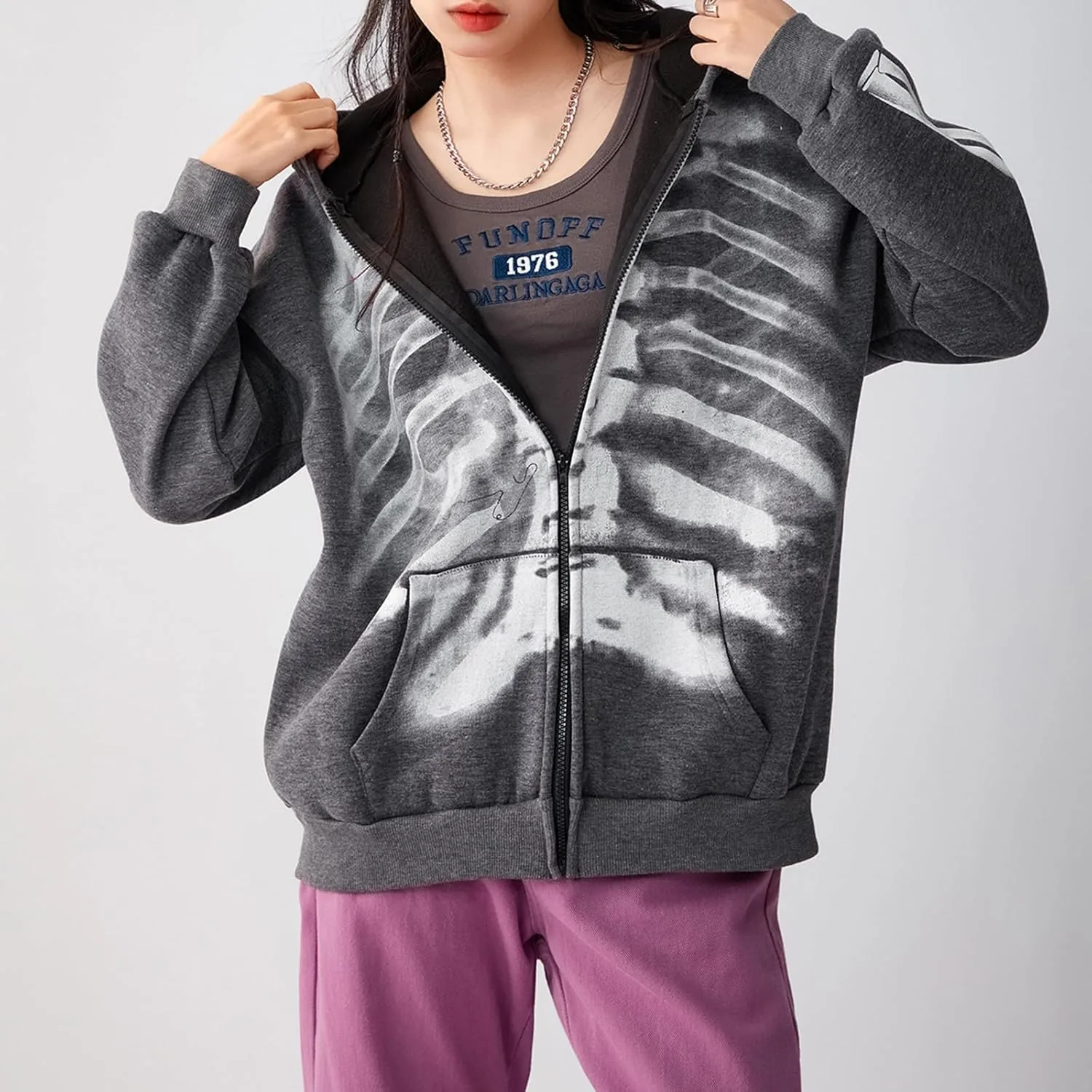 Karwuiio Women Men Zip Up Hoodie Y2k Vintage Graphic Oversized Sweatshirt Jacket Pullover Coats Gothic Streetwear