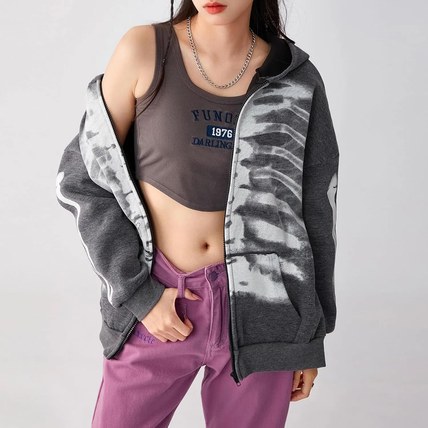 Karwuiio Women Men Zip Up Hoodie Y2k Vintage Graphic Oversized Sweatshirt Jacket Pullover Coats Gothic Streetwear