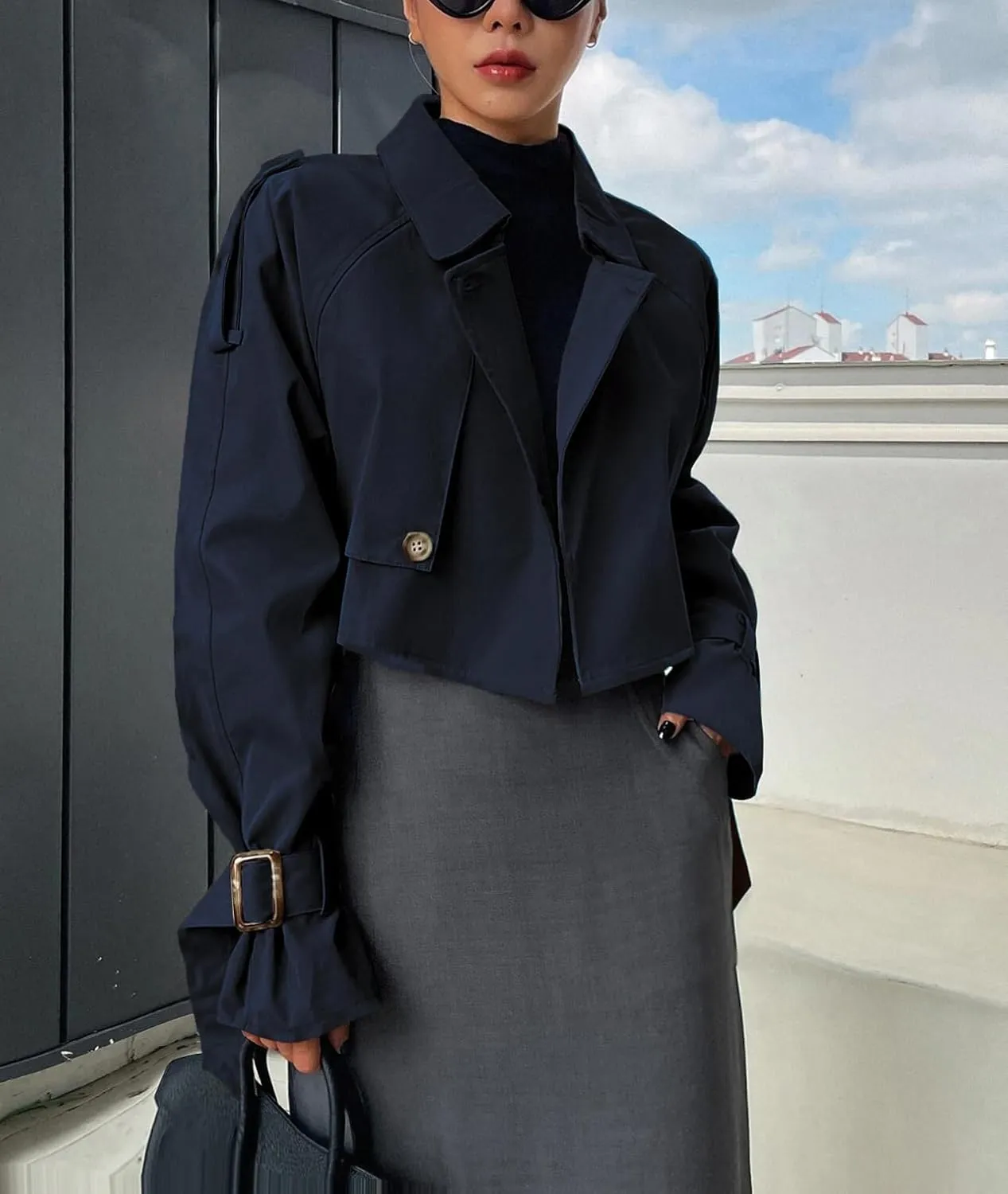 Kedera Women's Cropped Trench Coat Long Sleeve Casual Jacket Classic Double-Breasted Lapel Overcoat Fashion Outerwear
