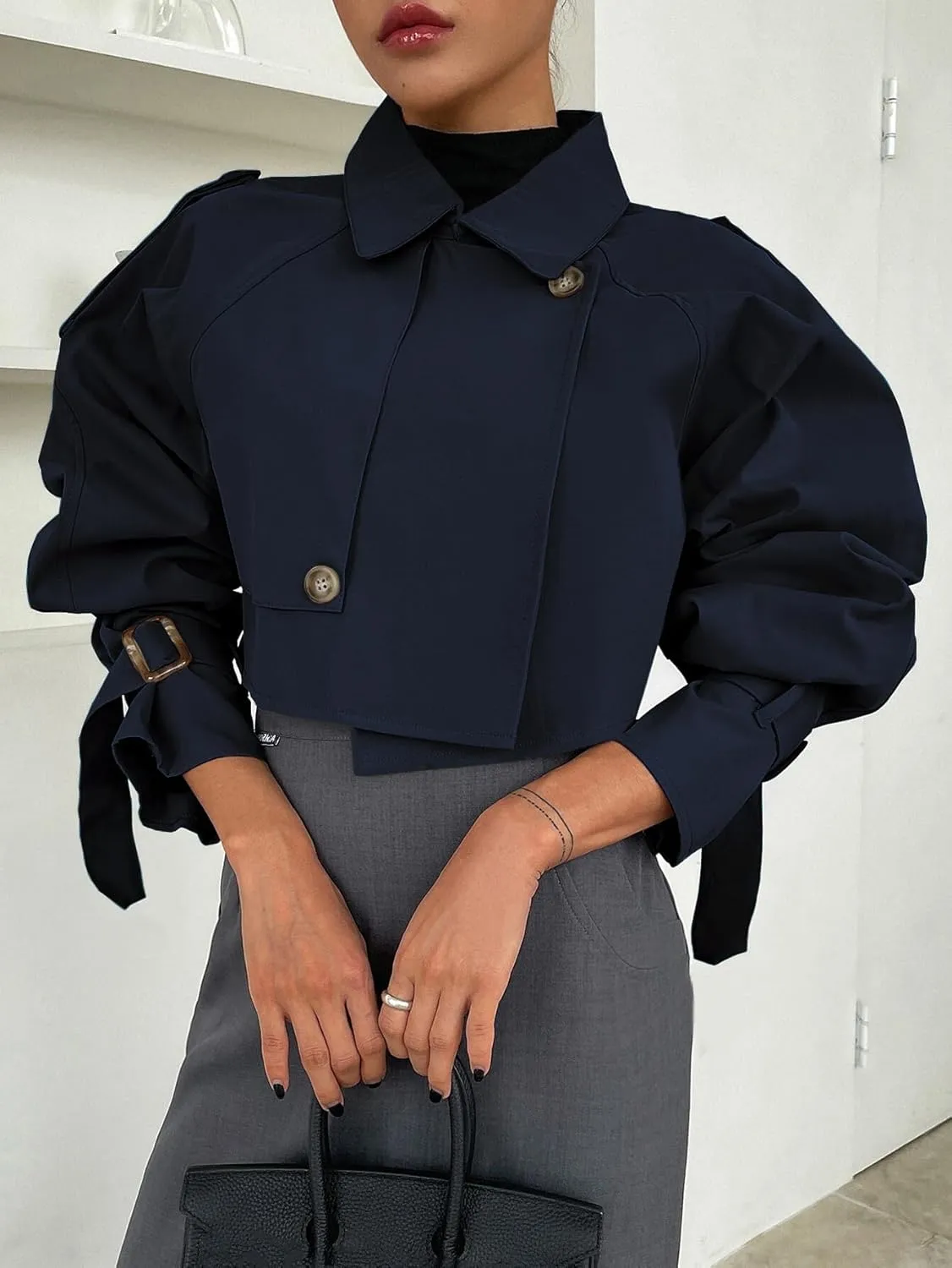 Kedera Women's Cropped Trench Coat Long Sleeve Casual Jacket Classic Double-Breasted Lapel Overcoat Fashion Outerwear