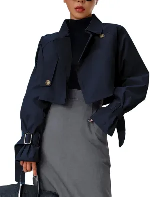 Kedera Women's Cropped Trench Coat Long Sleeve Casual Jacket Classic Double-Breasted Lapel Overcoat Fashion Outerwear