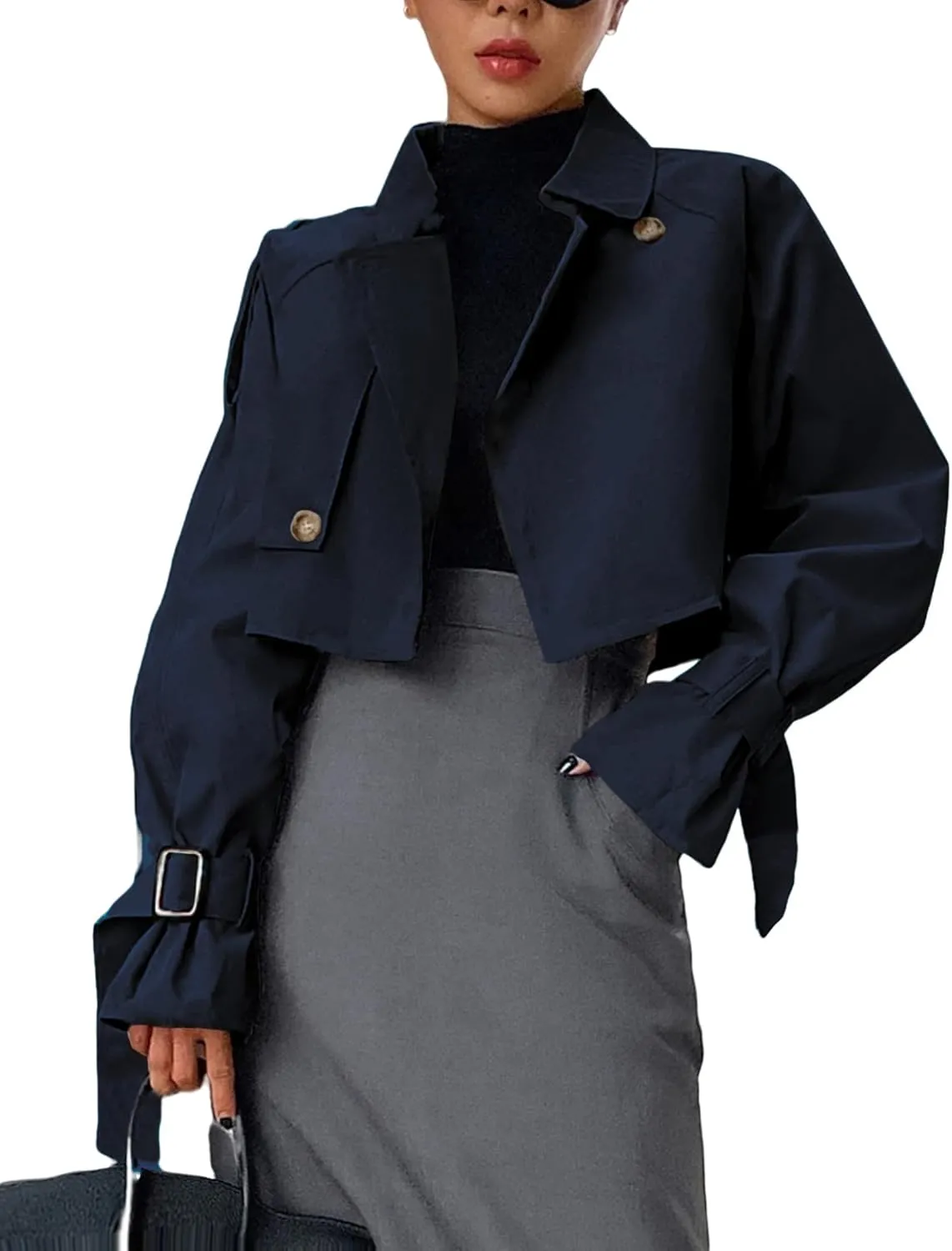 Kedera Women's Cropped Trench Coat Long Sleeve Casual Jacket Classic Double-Breasted Lapel Overcoat Fashion Outerwear
