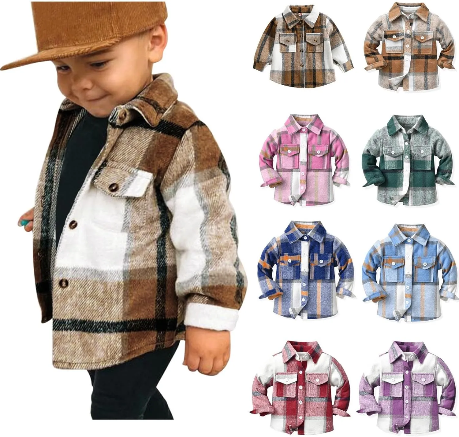 Kids Toddler Flannel Shirt Jacket Plaid Long Sleeve Lapel Button Down Shacket Baby Boys Girls Fall Shirt Coat Outwear