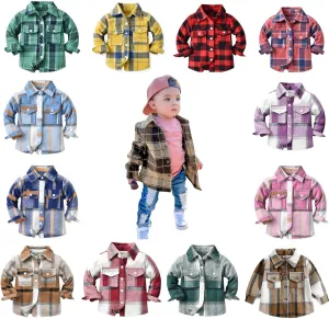 Kids Toddler Flannel Shirt Jacket Plaid Long Sleeve Lapel Button Down Shacket Baby Boys Girls Fall Shirt Coat Outwear