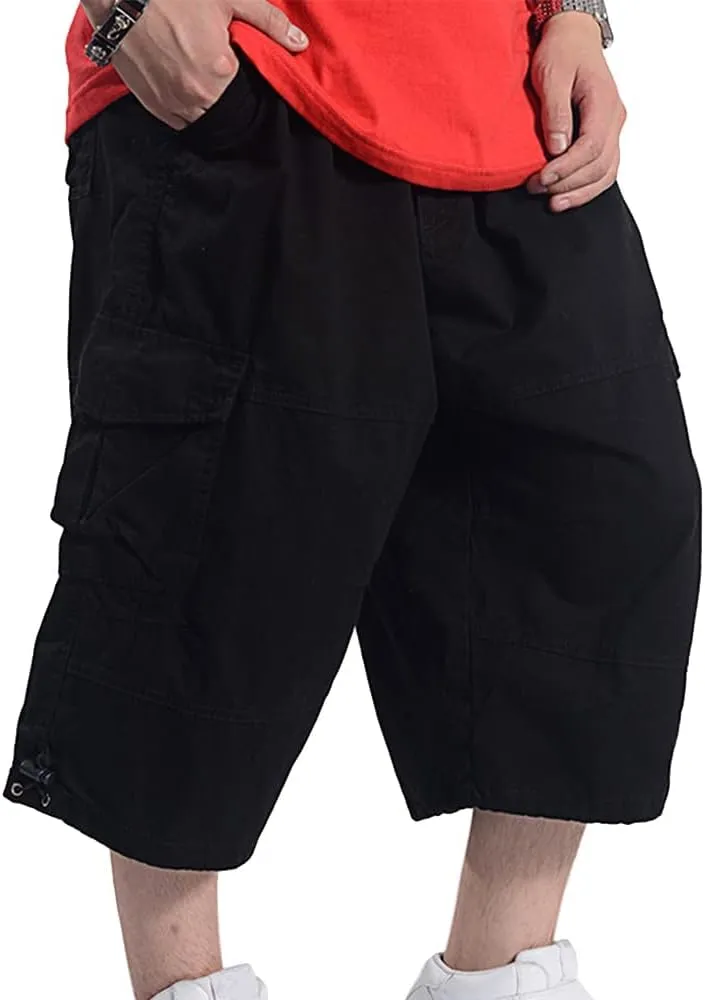 Kinghua Baggy Cargo Shorts for Men Elastic Waist Loose Fit Cotton Twill Below Knee Long Shorts