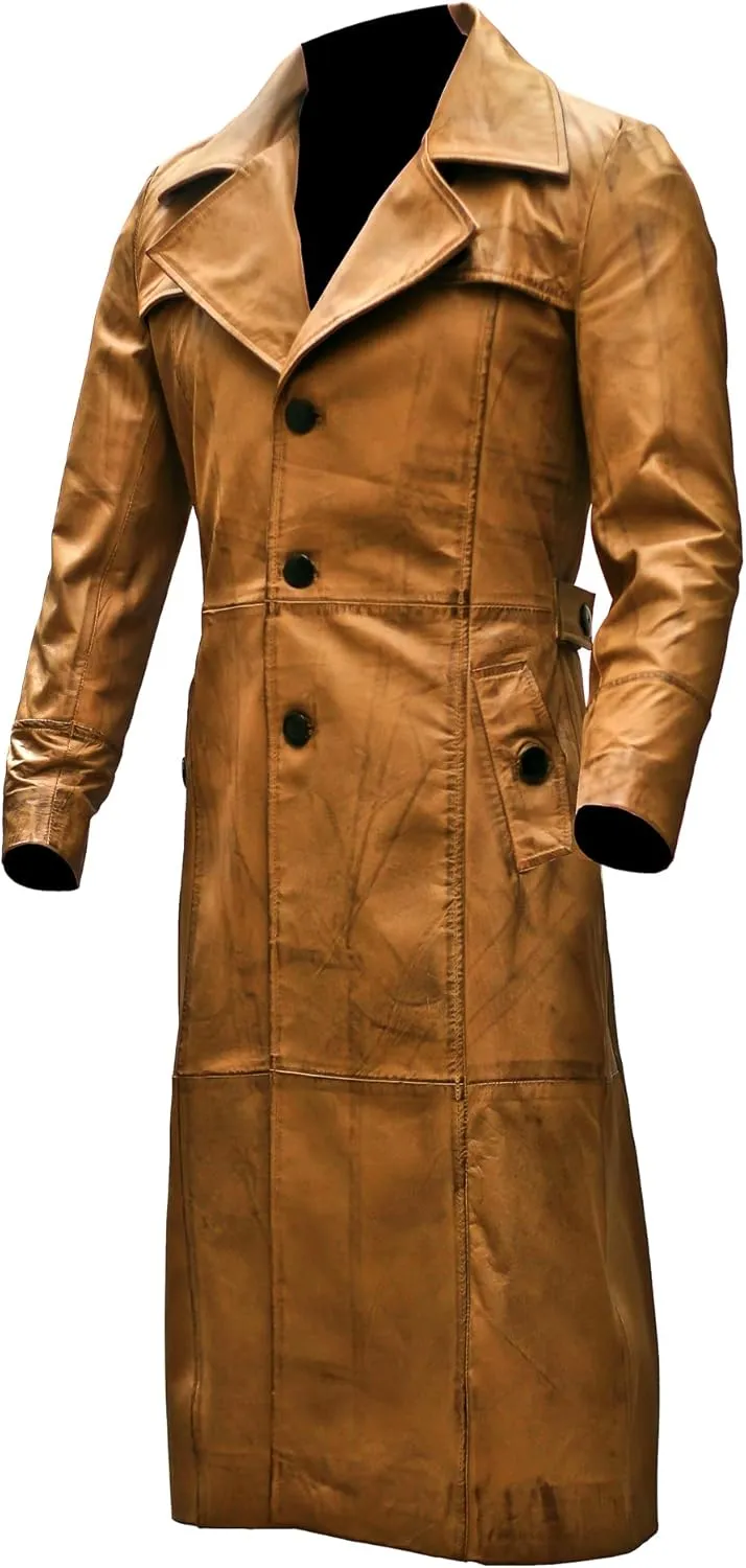 Leather Trench Long Coat Mens Full Length - Leather Duster Coat For Men - Brown Leather Coat