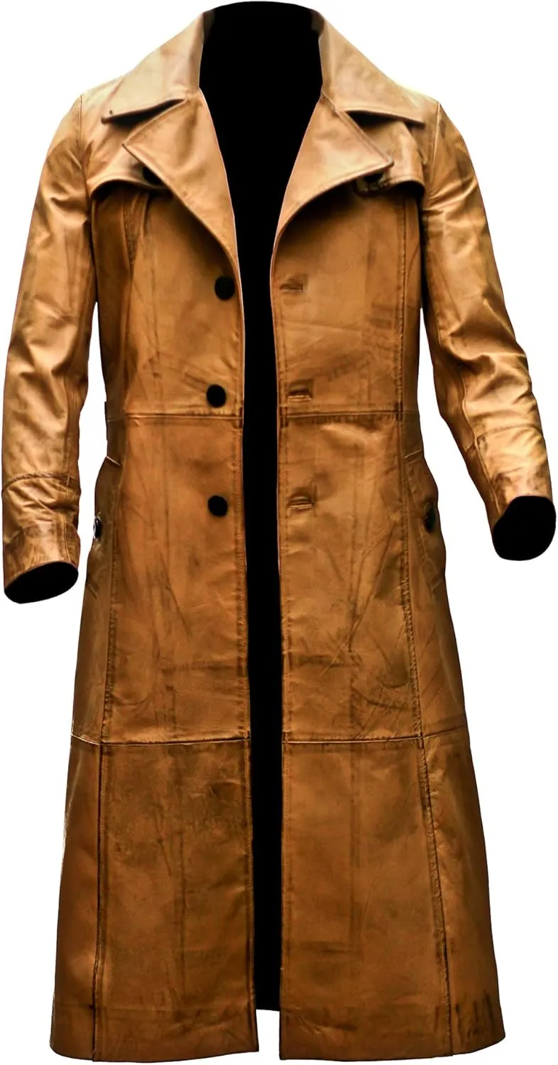 Leather Trench Long Coat Mens Full Length - Leather Duster Coat For Men - Brown Leather Coat