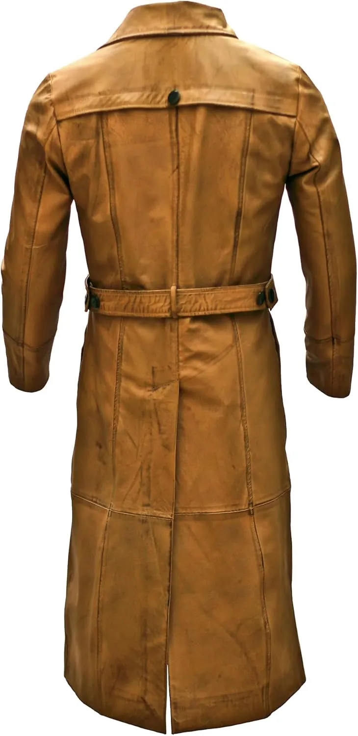 Leather Trench Long Coat Mens Full Length - Leather Duster Coat For Men - Brown Leather Coat
