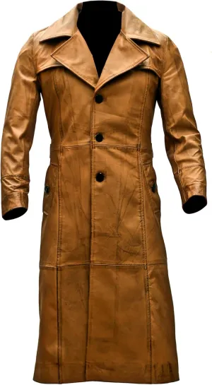 Leather Trench Long Coat Mens Full Length - Leather Duster Coat For Men - Brown Leather Coat