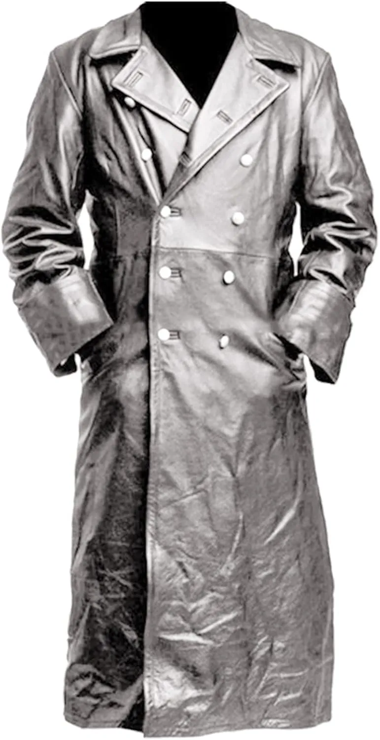 LFEOOST Leather Jacket Men Motorcycle Long Sleeve Button Lapel WW2 Officer Military Uniform Fall Winter Long Trench Coat