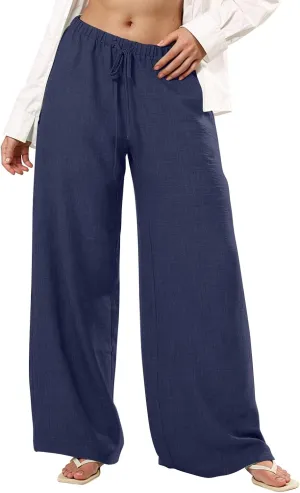 Lightweight Summer Pants Women Drawstring Elastic High Waist Palazzo Pants Boho Flowy Casual Beach Trousers w/Pockets