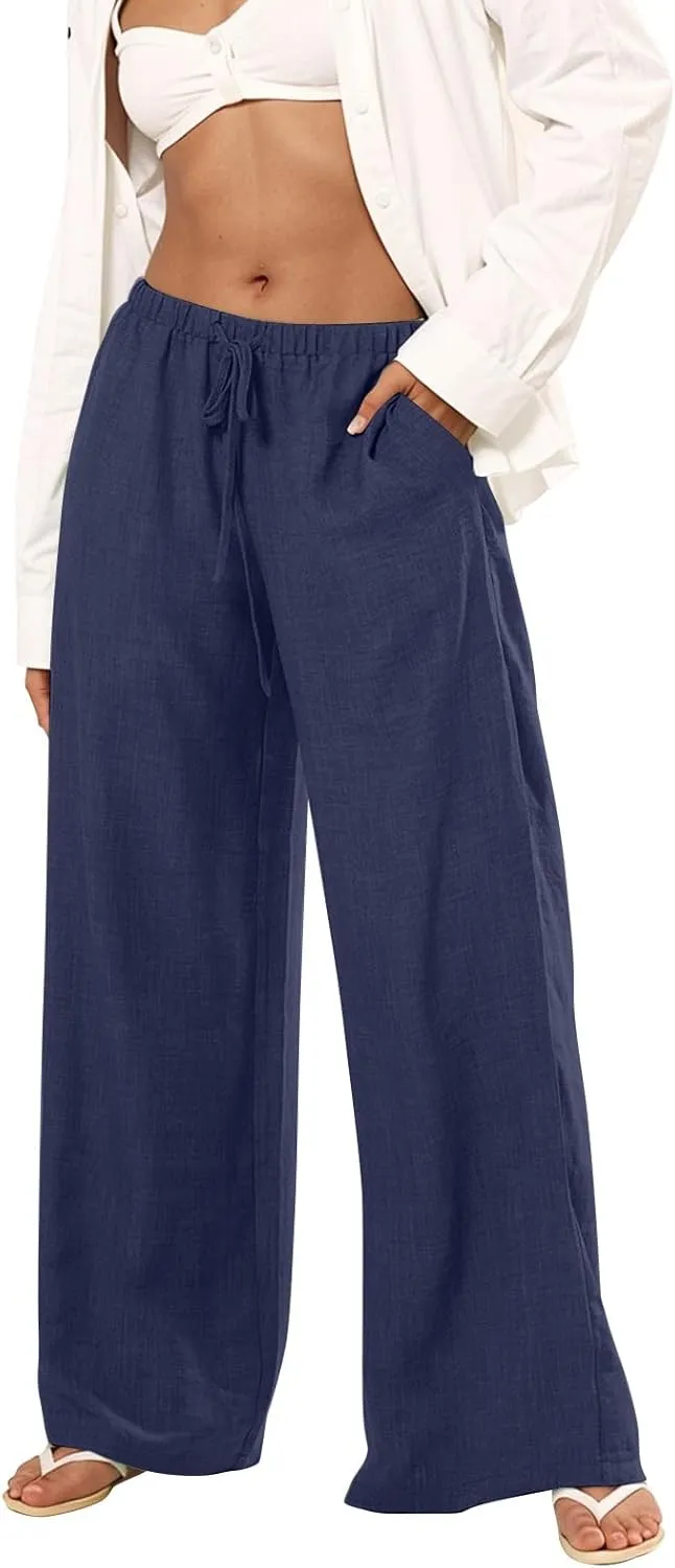 Lightweight Summer Pants Women Drawstring Elastic High Waist Palazzo Pants Boho Flowy Casual Beach Trousers w/Pockets