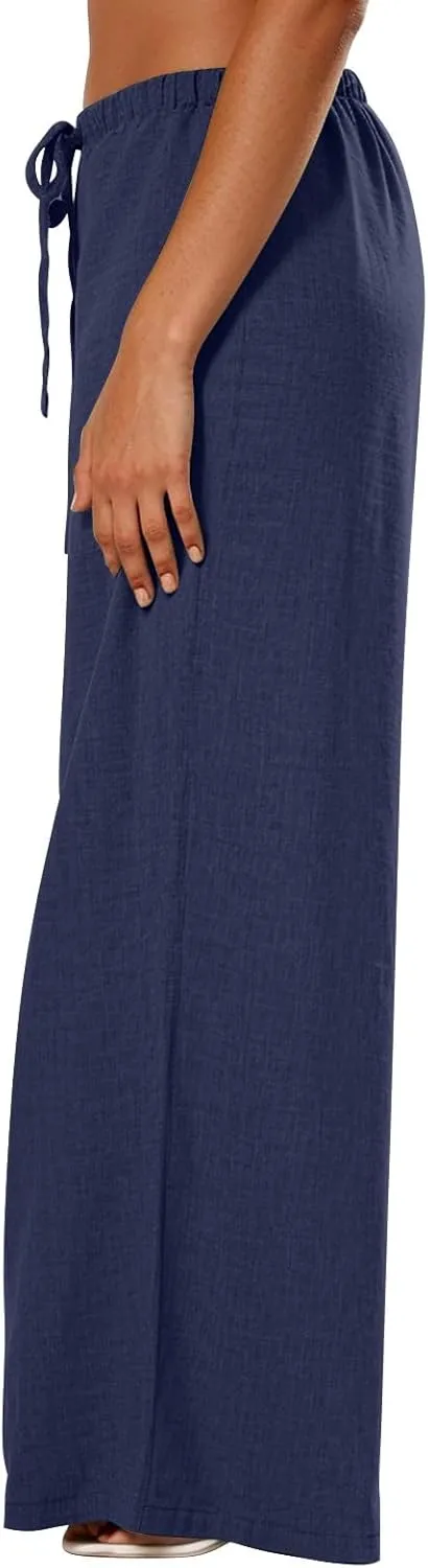Lightweight Summer Pants Women Drawstring Elastic High Waist Palazzo Pants Boho Flowy Casual Beach Trousers w/Pockets