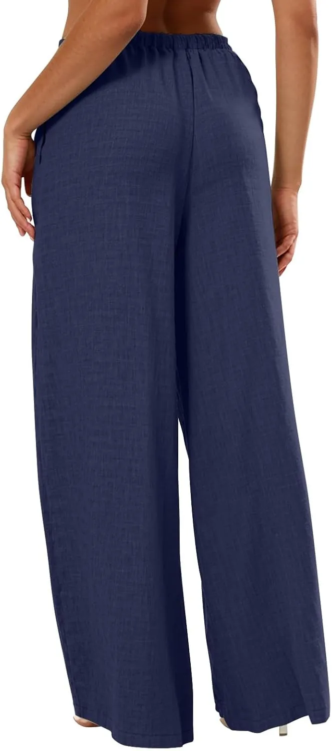 Lightweight Summer Pants Women Drawstring Elastic High Waist Palazzo Pants Boho Flowy Casual Beach Trousers w/Pockets