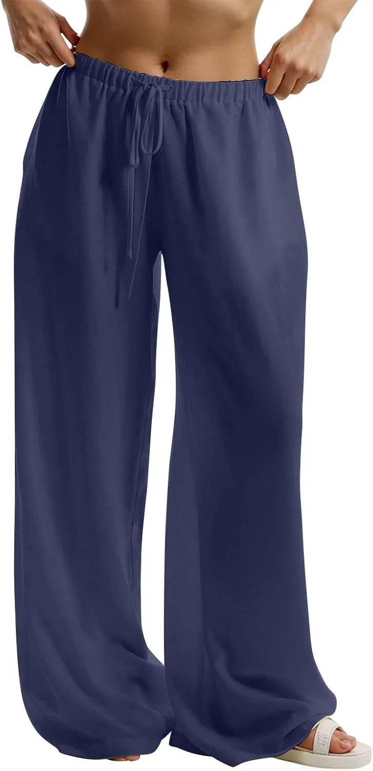 Lightweight Summer Pants Women Drawstring Elastic High Waist Palazzo Pants Boho Flowy Casual Beach Trousers w/Pockets