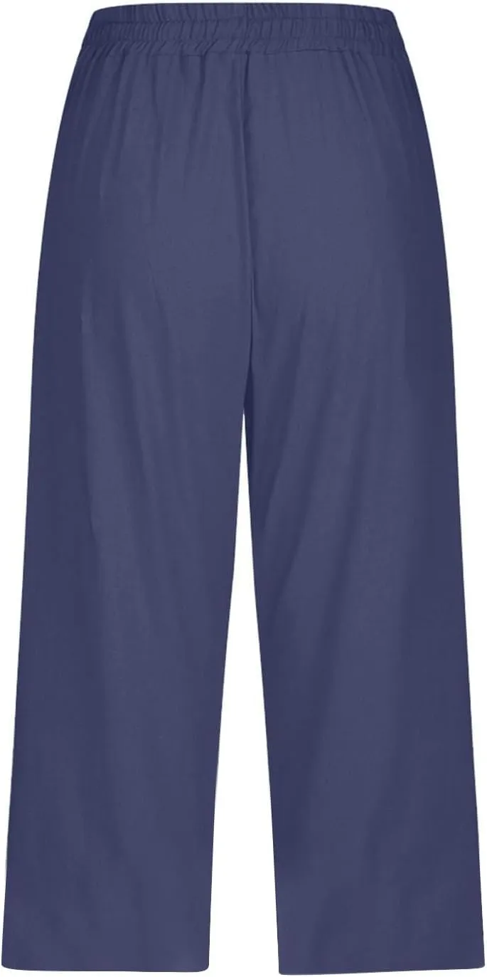 Linen Capri Pants for Women Casual Drawstring Waist Lightweight Summer Pants High Waist Capris Loose Beach Trousers