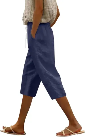 Linen Capri Pants for Women Casual Drawstring Waist Lightweight Summer Pants High Waist Capris Loose Beach Trousers