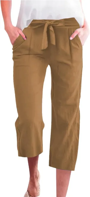 Linen Capri Pants for Women Casual Summer Tie Elastic Waist Capris Plus Size Crop Pants Wide Leg Cropped Trousers