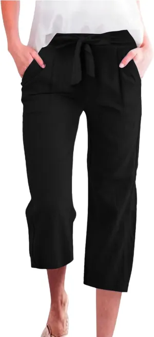 Linen Capri Pants for Women Casual Summer Tie Elastic Waist Capris Plus Size Crop Pants Wide Leg Cropped Trousers