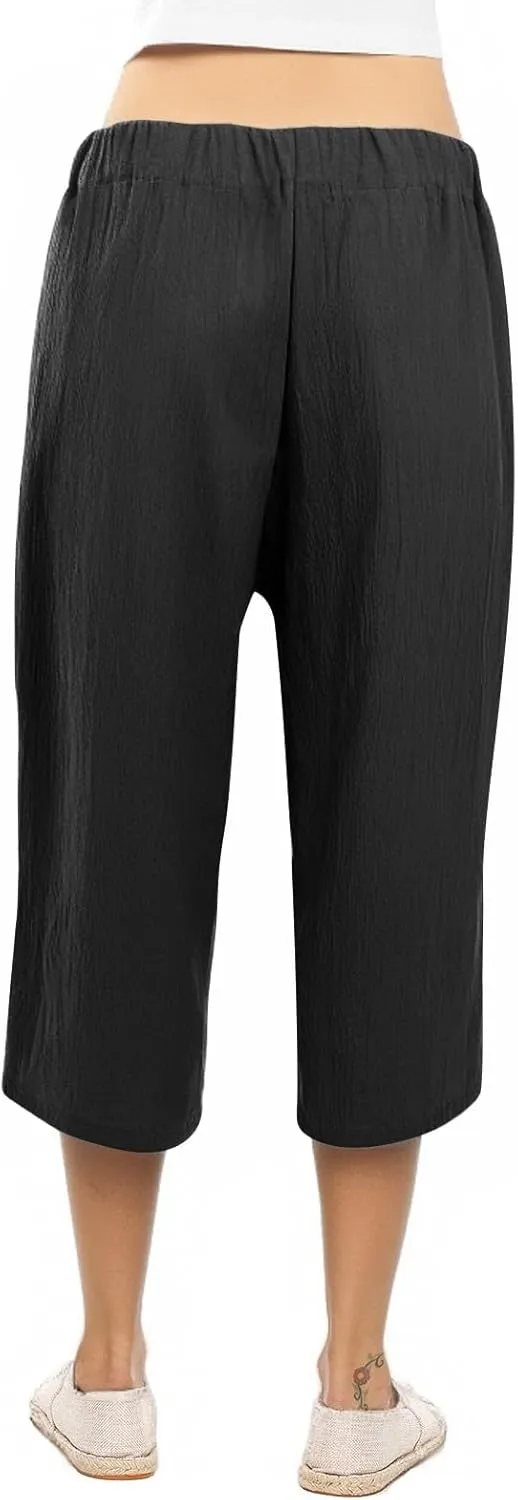 Linen Capri Pants for Women Casual Summer Tie Elastic Waist Capris Plus Size Crop Pants Wide Leg Cropped Trousers