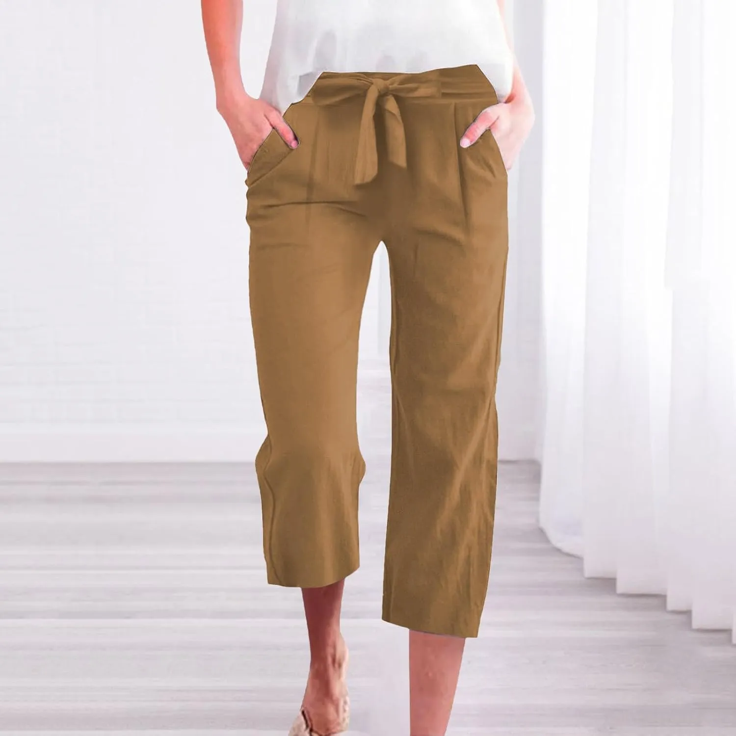 Linen Capri Pants for Women Casual Summer Tie Elastic Waist Capris Plus Size Crop Pants Wide Leg Cropped Trousers