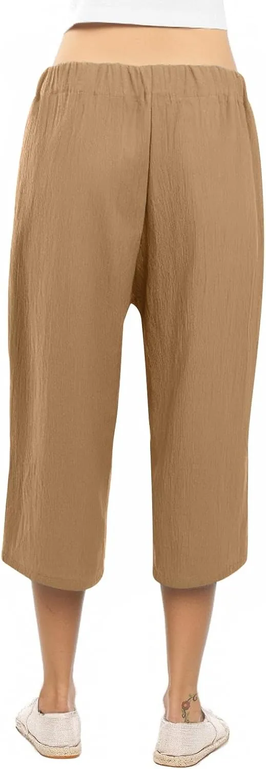 Linen Capri Pants for Women Casual Summer Tie Elastic Waist Capris Plus Size Crop Pants Wide Leg Cropped Trousers