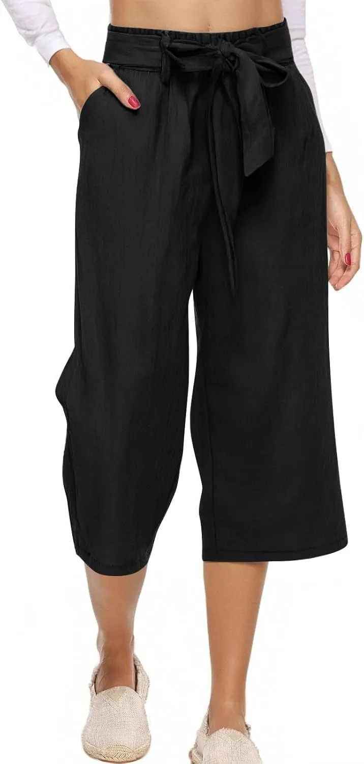 Linen Capri Pants for Women Casual Summer Tie Elastic Waist Capris Plus Size Crop Pants Wide Leg Cropped Trousers