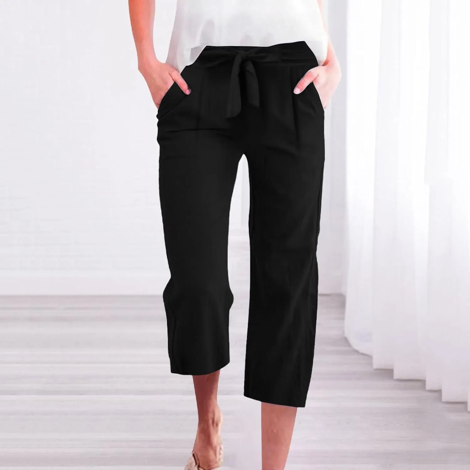 Linen Capri Pants for Women Casual Summer Tie Elastic Waist Capris Plus Size Crop Pants Wide Leg Cropped Trousers