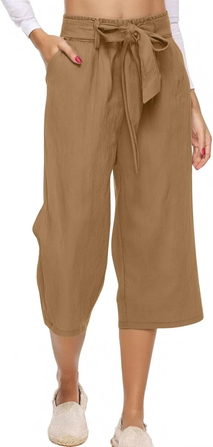 Linen Capri Pants for Women Casual Summer Tie Elastic Waist Capris Plus Size Crop Pants Wide Leg Cropped Trousers