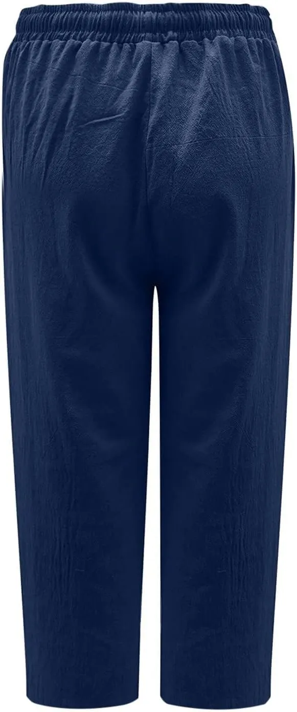 Linen Capri Pants for Women Plus Size Summer Casual Loose Comfy Beach Pants Cropped Vacation Outfits with Pockets